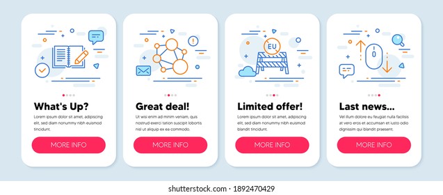 Set of Business icons, such as Integrity, Feedback, Eu close borders symbols. Mobile screen banners. Scroll down line icons. Social network, Book with pencil, Coronavirus restrictions. Vector