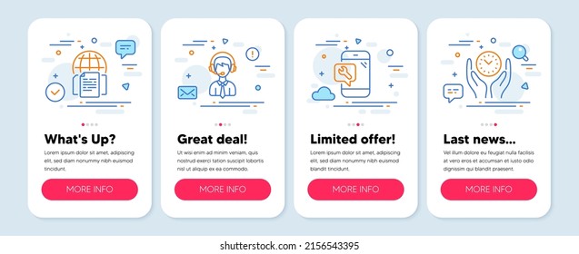 Set of Business icons, such as Internet documents, Phone repair, Shipping support symbols. Mobile screen banners. Safe time line icons. Web page, Spanner service, Delivery manager. Management. Vector