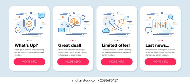 Set of Business icons, such as Intersection arrows, Approved shield, Lawyer symbols. Mobile screen banners. Dj controller line icons. Exchange, Protection, Court judge. Musical device. Vector