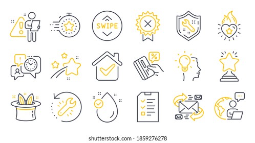 Set of Business icons, such as Interview, Swipe up, Timer symbols. Time management, Recovery tool, E-mail signs. Vitamin e, Spanner, Heart flame. Hat-trick, Reject medal, Winner. Idea. Vector