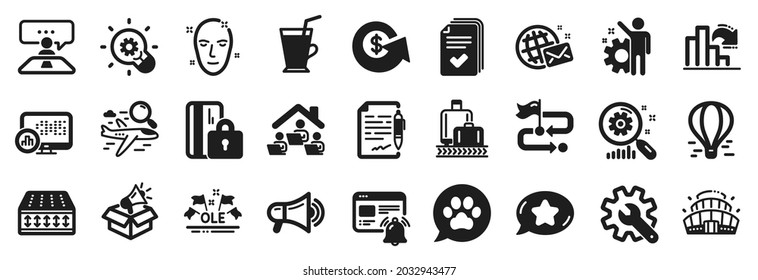 Set of Business icons, such as Interview job, Report statistics, Innovation icons. Coffee cup, Search flight, Agreement document signs. Health skin, Travel path, Ole chant. Blocked card. Vector