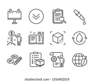 Set of Business icons, such as Keywords, Environment day, Cold-pressed oil, Scroll down, Augmented reality, Chemistry pipette, Parcel checklist, Settings blueprint, Search analysis. Vector