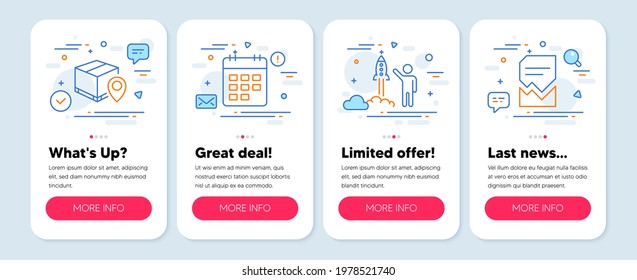 Set of Business icons, such as Launch project, Parcel tracking, Calendar symbols. Mobile screen app banners. Corrupted file line icons. Vector