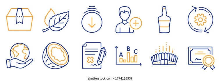Set of Business icons, such as Leaf, Scotch bottle. Certificate, save planet. Package box, Cogwheel, Coconut. Reject file, Survey results, Arena stadium. Add person, Scroll down line icons. Vector
