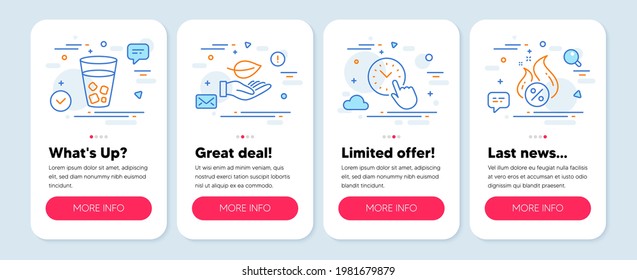 Set of Business icons, such as Leaf, Ice tea, Time management symbols. Mobile screen banners. Hot loan line icons. Plant care, Soda beverage, Office clock. Discount offer. Leaf icons. Vector