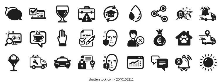 Set of Business icons, such as Leaf dew, User notification, Pet shelter icons. Ice cream, Remove account, Car service signs. Talk bubble, Online survey, Search. Web traffic, Taxi, Coffee. Vector