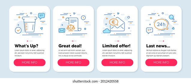 Set of Business icons, such as Legal documents, Euro money, Cooking beaker symbols. Mobile app mockup banners. 24h service line icons. Justice scale, Receive cash, Water. Call support. Vector