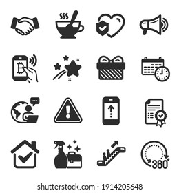 Set of Business icons, such as Life insurance, Cleanser spray, Escalator symbols. Bitcoin pay, Calendar, 360 degrees signs. Megaphone, Certificate, Tea cup. Handshake, Swipe up, Gift. Vector