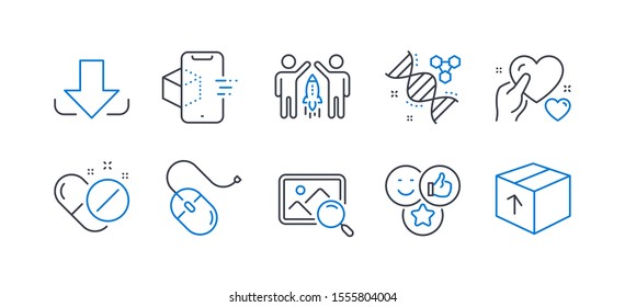 Set of Business icons, such as Like, Medical pills, Partnership, Computer mouse, Chemistry dna, Search photo, Download, Augmented reality, Hold heart, Package line icons. Line like icon. Vector