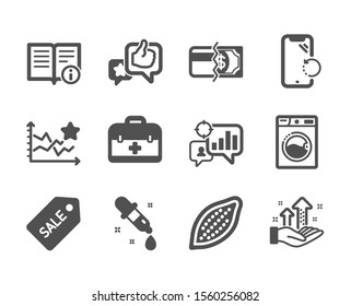 Set of Business icons, such as Like, Analysis graph, Washing machine, Ranking stars, Sale ticket, Technical info, First aid, Seo statistics, Chemistry pipette, Cocoa nut, Payment methods. Vector