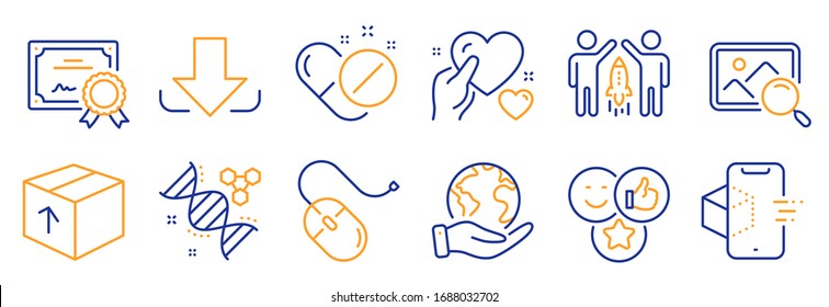 Set of Business icons, such as Like, Medical pills. Certificate, save planet. Partnership, Computer mouse, Chemistry dna. Search photo, Download, Augmented reality. Vector