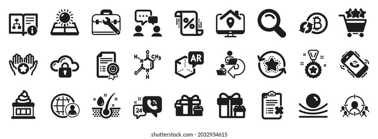 Set of Business icons, such as Loan percent, Surprise package, Ice cream icons. Refresh bitcoin, Loyalty points, Shopping rating signs. Smile, Search, Elastic material. Technical algorithm. Vector