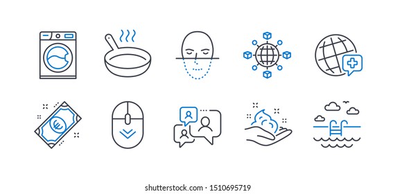 Set of Business icons, such as Logistics network, Face recognition, Support chat, World medicine, Skin care, Frying pan, Washing machine, Euro money, Scroll down, Swimming pool line icons. Vector