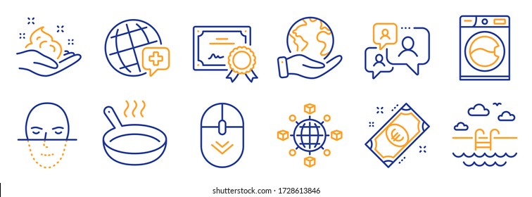 Set Of Business Icons, Such As Logistics Network, Face Recognition. Certificate, Save Planet. Support Chat, World Medicine, Skin Care. Frying Pan, Washing Machine, Euro Money. Vector