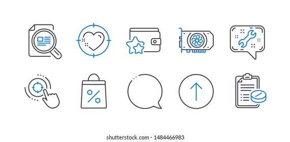 Set of Business icons, such as Loyalty program, Gpu, Seo target, Check article, Heart target, Spanner, Shopping bag, Speech bubble, Swipe up, Medical prescription line icons. Vector