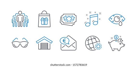 Set of Business icons, such as Loyalty points, Eyeglasses, Parking garage, Group, Ð¡onjunctivitis eye, World weather, Euro money, Musical note, Holidays shopping, Saving money line icons. Vector