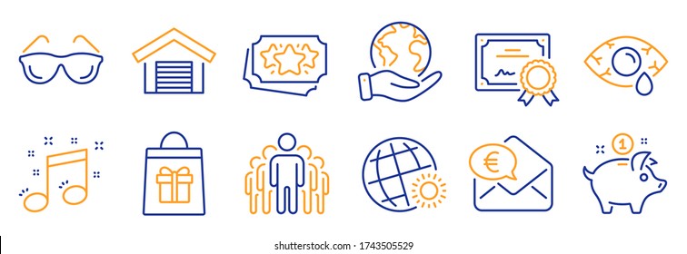 Set of Business icons, such as Loyalty points, Eyeglasses. Certificate, save planet. Parking garage, Group, Ð¡onjunctivitis eye. World weather, Euro money, Musical note. Vector