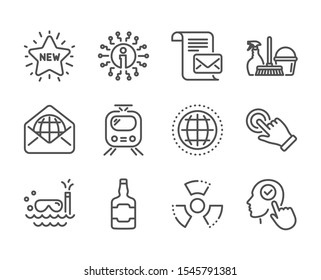 Set of Business icons, such as Mail letter, Whiskey bottle, Chemical hazard, Train, Touchscreen gesture, New star, Web mail, Info, Select user, Scuba diving, Household service, Globe. Vector