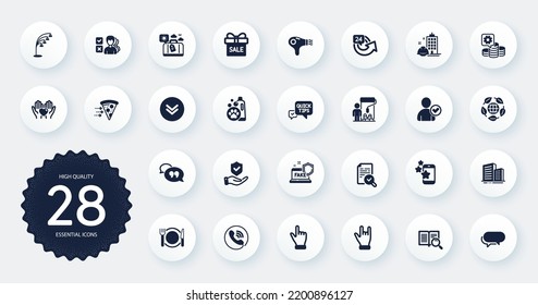 Set of Business icons, such as Making money, Horns hand and Sale offer flat icons. Click hand, Scroll down, Buildings web elements. Quick tips, Painter, Restaurant food signs. Messenger. Vector