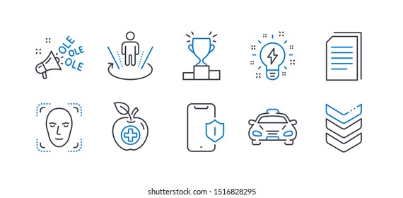 Set of Business icons, such as Medical food, Augmented reality, Smartphone protection, Face detection, Winner podium, Ole chant, Copy files, Taxi, Inspiration, Shoulder strap line icons. Vector