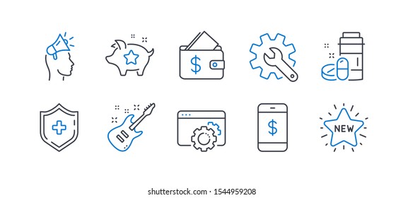 Set of Business icons, such as Medical drugs, Brand ambassador, Electric guitar, Loyalty points, Customisation, Seo gear, Wallet, Smartphone payment, Medical shield, New star line icons. Vector