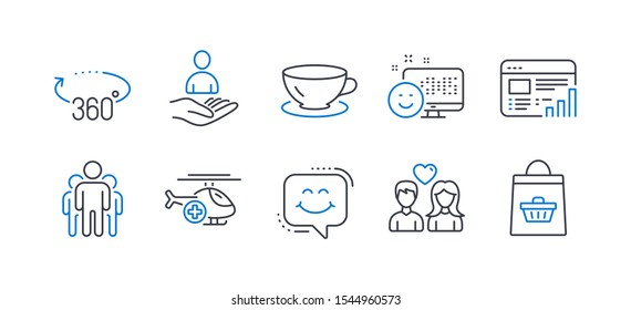 Set of Business icons, such as Medical helicopter, Web report, Couple love, Espresso, Recruitment, Smile chat, Group, 360 degrees, Smile, Online buying line icons. Sky transport, Graph chart. Vector