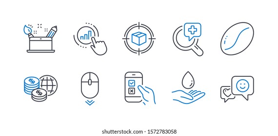 Set of Business icons, such as Medical analyzes, Scroll down, Creativity concept, Water care, World money, Mobile survey, Graph chart, Coffee beans, Parcel tracking, Smile line icons. Vector