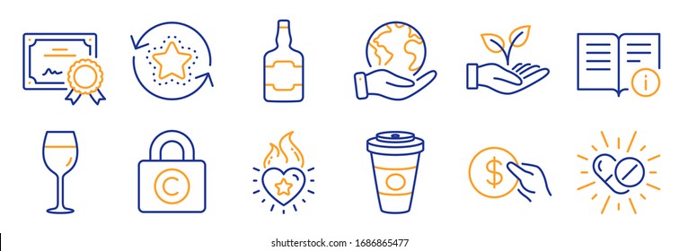 Set of Business icons, such as Medical drugs, Payment. Certificate, save planet. Wine glass, Takeaway coffee, Technical info. Heart flame, Loyalty points, Whiskey bottle. Vector