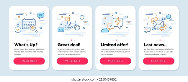 Set of Business icons, such as Medical calendar, Bicycle parking, Lightning bolt symbols. Mobile screen app banners. E-mail line icons. Doctor appointment, Bike park, Messenger. Vector