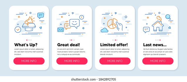 Set of Business icons, such as Megaphone, Pie chart, Happy emotion symbols. Mobile screen banners. Home line icons. Brand advertisement, Presentation graph, Web chat. House building. Vector