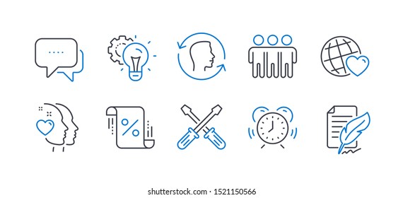 Set of Business icons, such as Message, Face id, Time management, Screwdriverl, Heart, Friends world, Idea gear, Loan percent, Friendship, Feather signature line icons. Line message icon. Vector