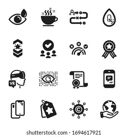 Set of Business icons, such as Message, Eye drops. Certificate, approved group, save planet. Smartphone, Shoulder strap, Copywriting network. Vector