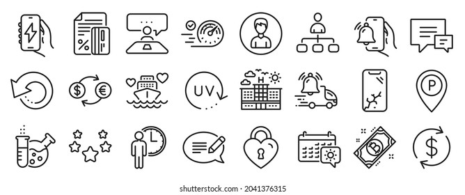 Set of Business icons, such as Message, Credit card, Delivery notification icons. Parking, Recovery data, Chemistry lab signs. Stars, Currency exchange, Usd exchange. Waiting, Alarm clock. Vector