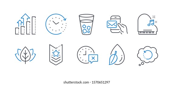 Set of Business icons, such as Messenger mail, Time, Time change, Piano, Water drop, Shoulder strap, Analysis graph, Organic tested, Ice tea, Recovery data line icons. Line messenger mail icon. Vector