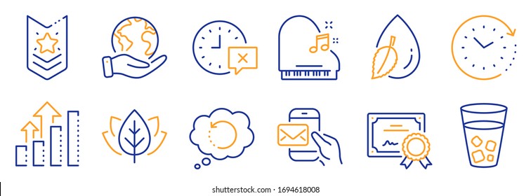 Set of Business icons, such as Messenger mail, Time. Certificate, save planet. Time change, Piano, Water drop. Shoulder strap, Analysis graph, Organic tested. Ice tea, Recovery data line icons. Vector
