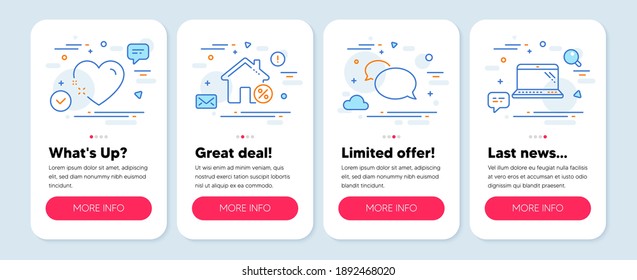 Set of Business icons, such as Messenger, Heart, Loan house symbols. Mobile screen banners. Laptop line icons. Speech bubble, Love, Discount percent. Computer. Messenger icons. Vector