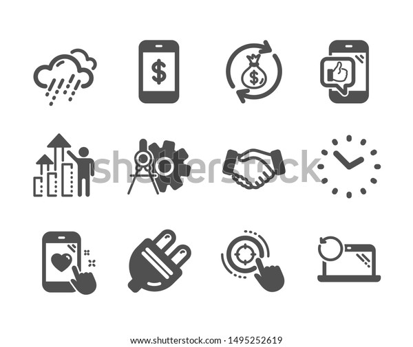 Set of Business icons, such as Mobile like, Money
exchange, Seo target, Electric plug, Handshake, Smartphone payment,
Recovery laptop, Time, Rainy weather, Cogwheel dividers, Heart
rating. Vector