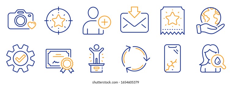 Set of Business icons, such as Moisturizing cream, Star target. Certificate, save planet. Recycling, Add user, Service. Photo camera, Winner podium, Loyalty ticket. Vector