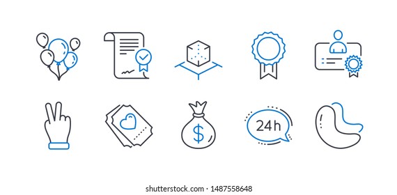 Set of Business icons, such as Money bag, Love ticket, Certificate, Augmented reality, 24h service, Approved agreement, Balloons, Reward, Victory hand, Cashew nut line icons. Vector