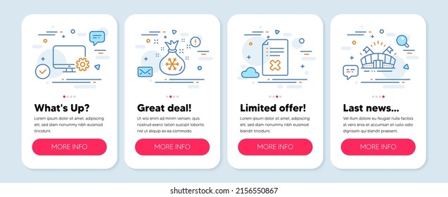 Set of Business icons, such as Monitor settings, Reject file, Santa sack symbols. Mobile screen app banners. Sports arena line icons. Service cogwheel, Decline agreement, Gifts bag. Vector