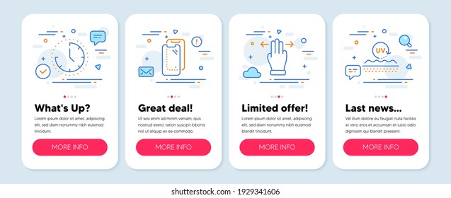 Set of Business icons, such as Multitasking gesture, Time, Smartphone glass symbols. Mobile screen app banners. Uv protection line icons. Swipe, Clock, Phone protect. Skin cream. Vector