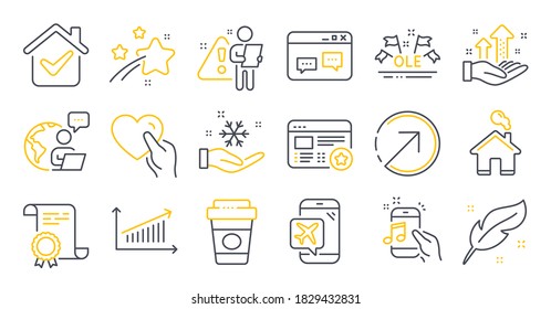 Set of Business icons, such as Music phone, Takeaway coffee, Chart symbols. Feather, Favorite, Direction signs. Certificate, Hold heart, Flight mode. Analysis graph, Freezing, Ole chant. Vector