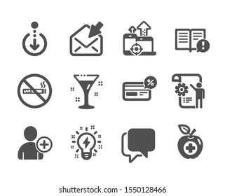 Set of Business icons, such as No smoking, Facts, Inspiration, Open mail, Cocktail, Seo devices, Medical food, Add user, Cashback, Talk bubble, Scroll down, Settings blueprint. No smoking icon. Vector