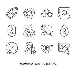Set of Business icons, such as No alcohol, Like photo, Fire energy, Swipe up, Collagen skin, Augmented reality, Ranking stars, Medical syringe, 360 degree, Cocoa nut, Loan percent, Star. Vector