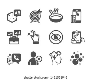 Set of Business icons, such as Not looking, Archery, Frying pan, Contactless payment, Touchscreen gesture, 24h service, Prescription drugs, Business portfolio, Clean bubbles, Delete user. Vector