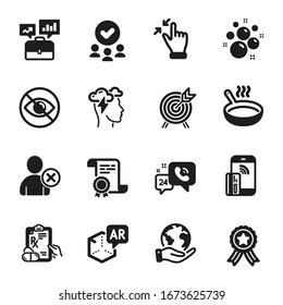 Set of Business icons, such as Not looking, Archery. Certificate, approved group, save planet. Frying pan, Contactless payment, Touchscreen gesture. Vector