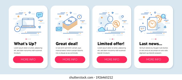 Set of Business icons, such as Notebook, Find user, Dollar symbols. Mobile app mockup banners. Project deadline line icons. Laptop computer, Search person, Usd currency. Time management. Vector