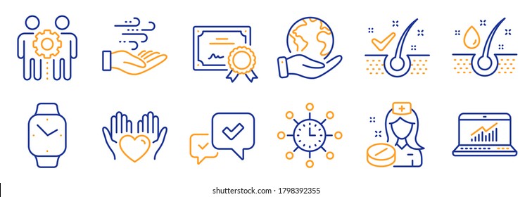 Set of Business icons, such as Nurse, World time. Certificate, save planet. Serum oil, Wind energy, Online statistics. Employees teamwork, Hold heart, Approve. Vector