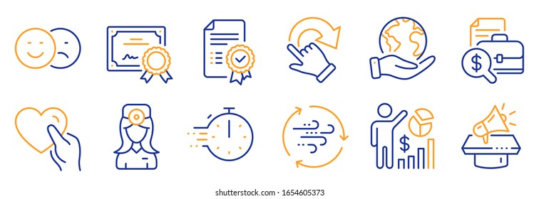 Set Of Business Icons, Such As Oculist Doctor, Cooking Timer. Certificate, Save Planet. Hold Heart, Like, Seo Statistics. Accounting Report, Rotation Gesture, Certificate. Vector