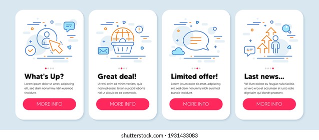 Set of Business icons, such as Online shopping, Chat, User symbols. Mobile screen banners. Employee result line icons. Internet buying, Speech bubble, Project manager. Business growth. Vector